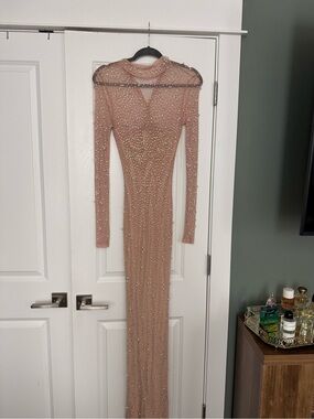 Embellished Nude Long Sleeve Evening Gown